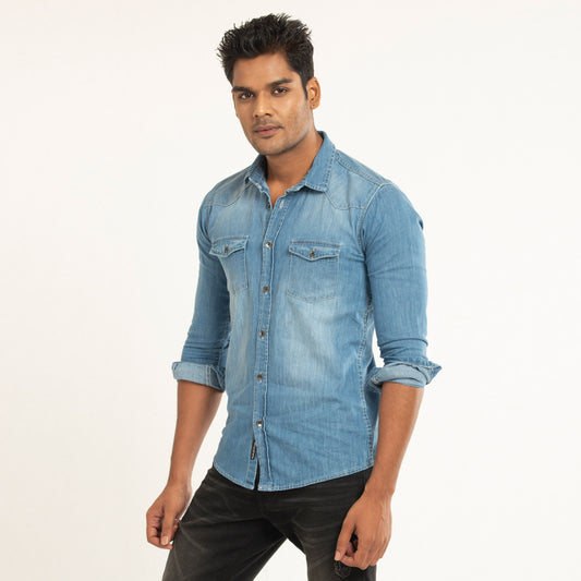 Buy Men's Blue Denim Slim Fit Shirt Online | Numero Uno