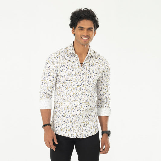 Printed casual Full shirt - White & Olive