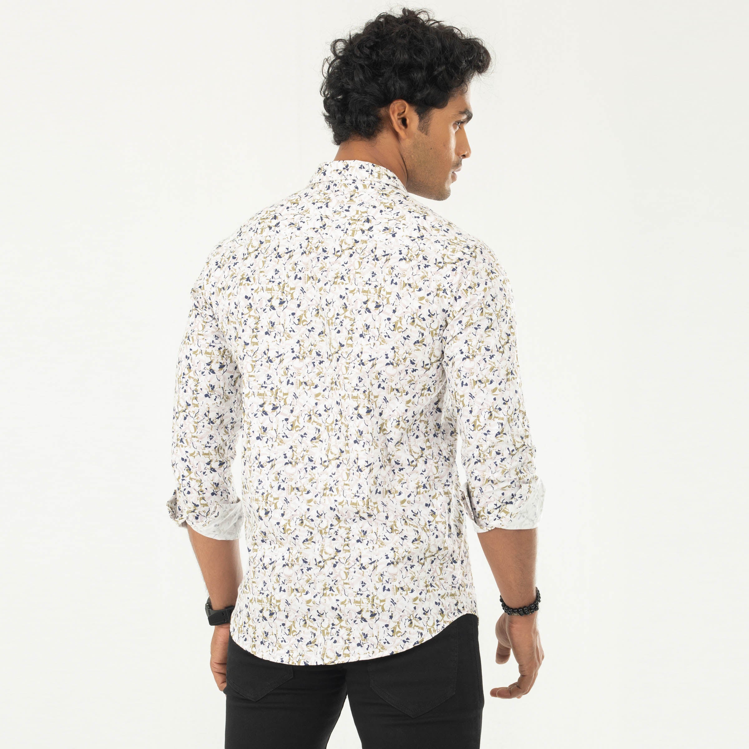 Printed casual Full shirt - White & Olive