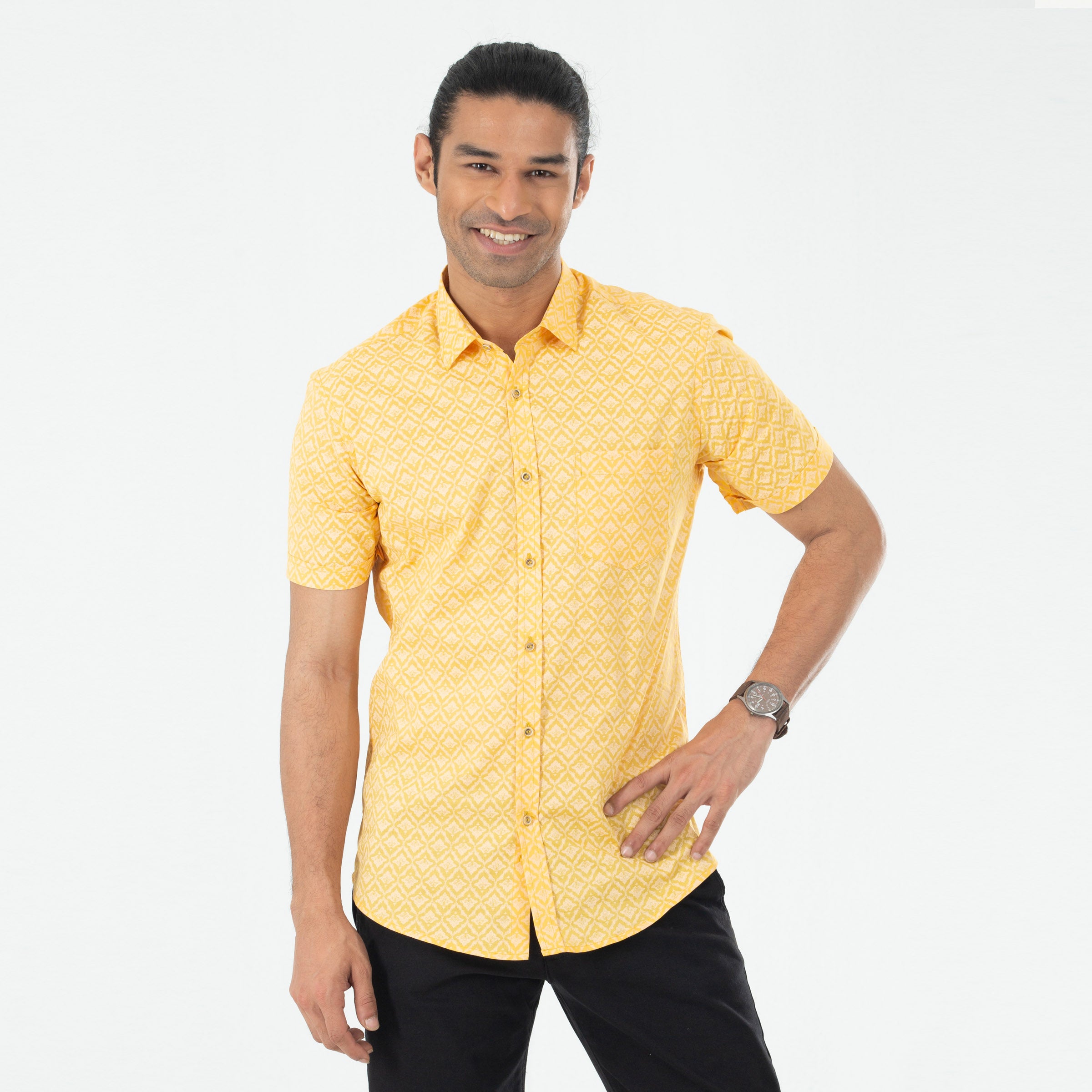 Casual Printed Half Shirt - Mustard Yellow