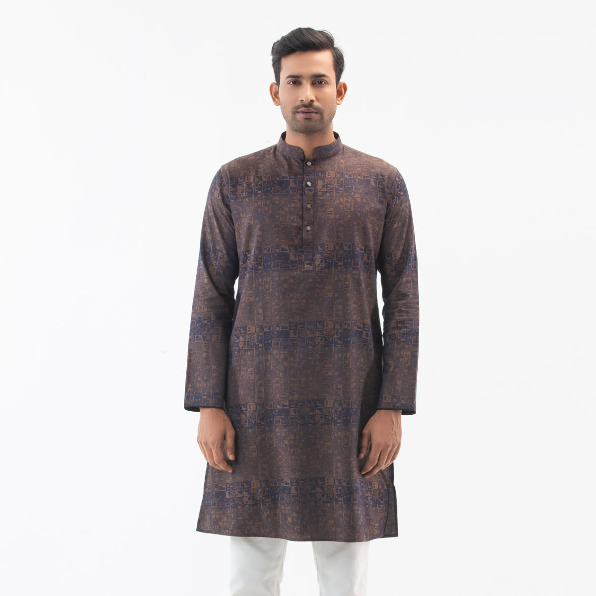 Printed Panjabi Semi Fit Jacquard-  Coffee - Masculine