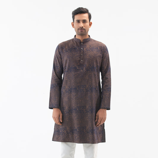 Printed Panjabi Semi Fit Jacquard-  Coffee - Masculine