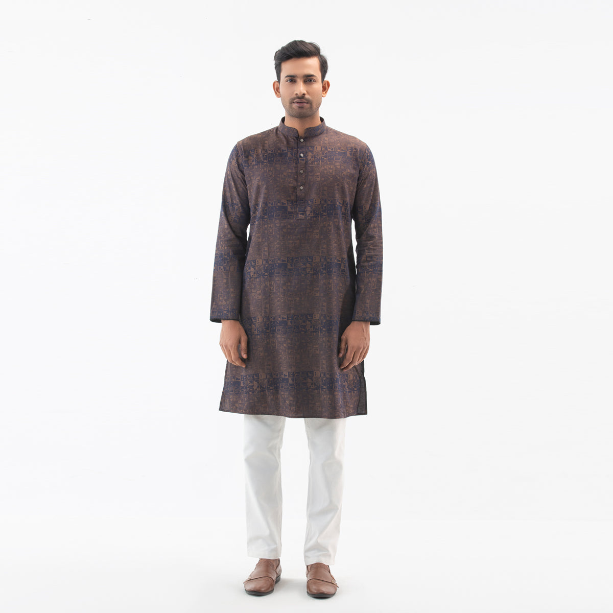 Printed Panjabi Semi Fit Jacquard-  Coffee - Masculine