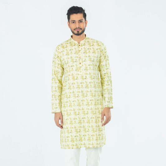 Printed Casual Panjabi  - Cream & Olive