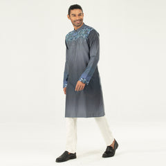 Printed Slim Fit Zipped Panjabi  - Gray & Black