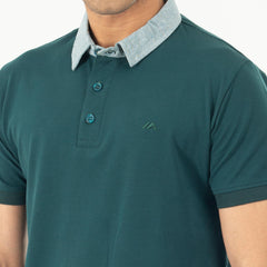Woven Collar Contrast Solid Polo - Dark Green