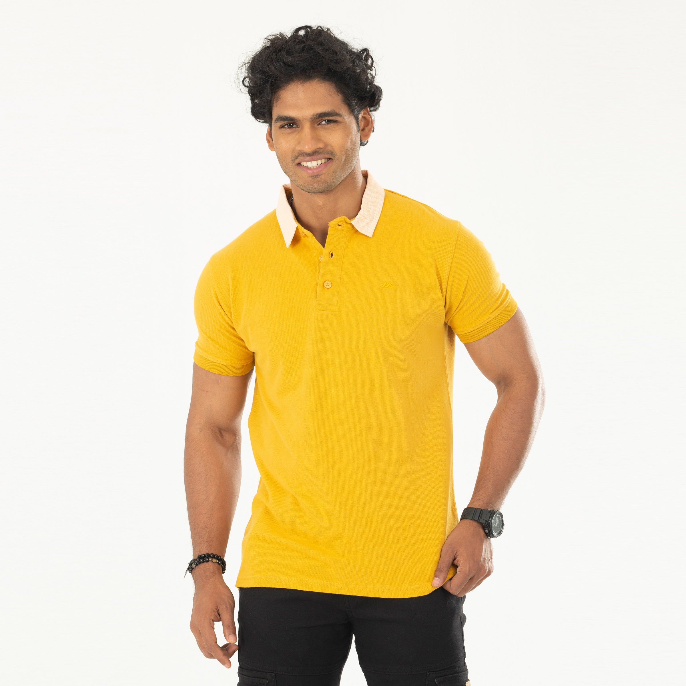 Woven Collar Contrast Solid Polo - Mustard