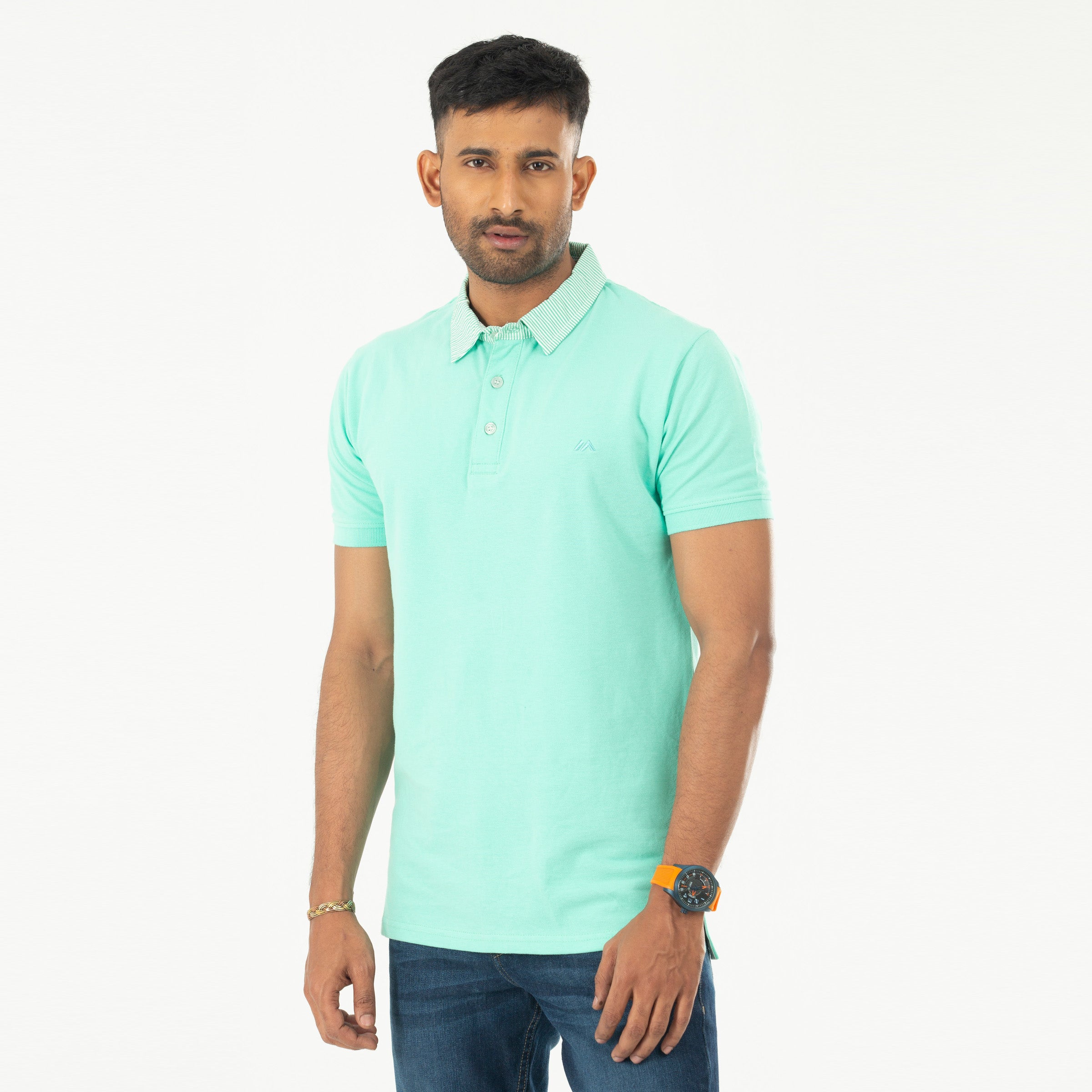Woven Collar Contrast Solid Polo - Turquoise