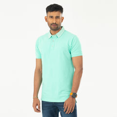 Woven Collar Contrast Solid Polo - Turquoise