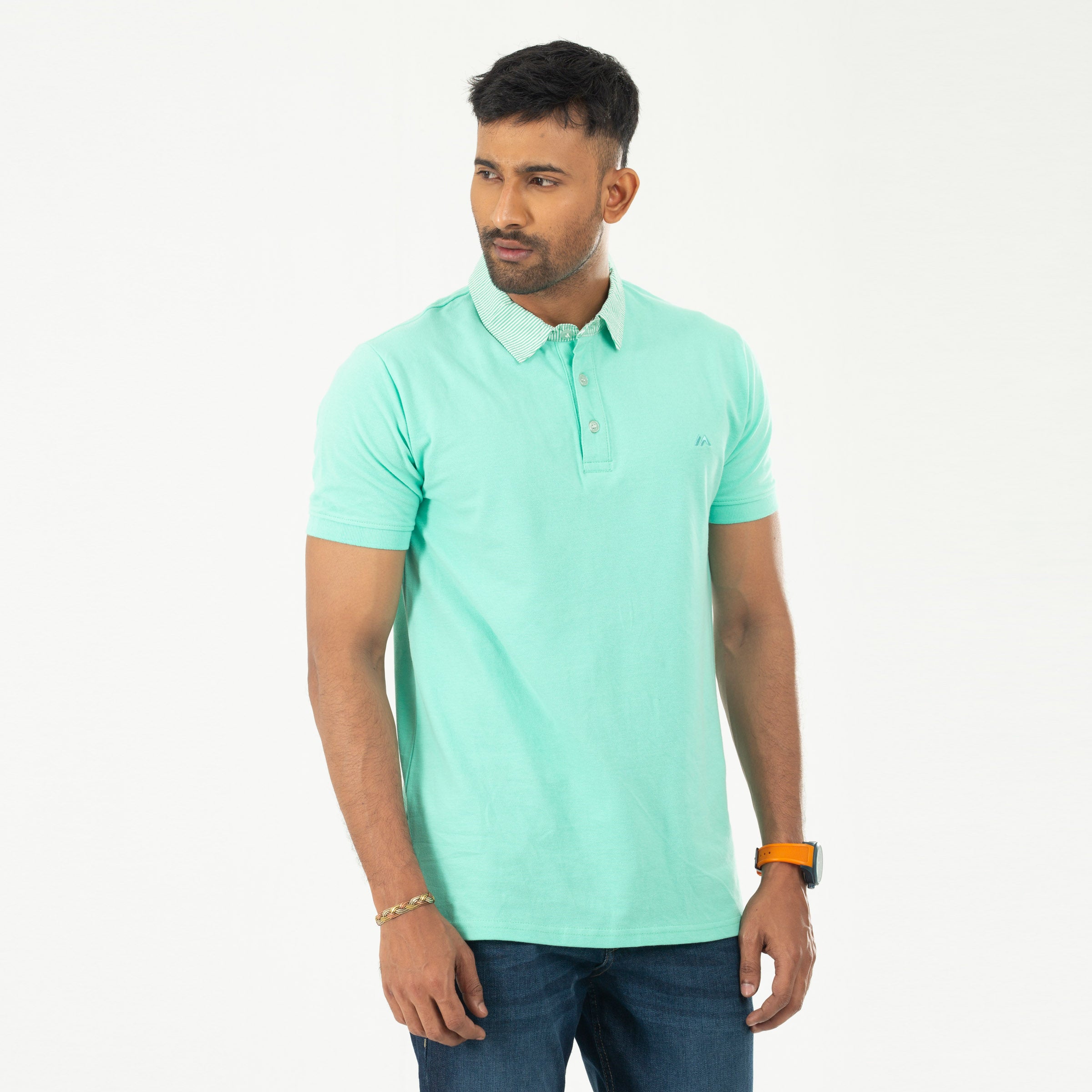 Woven Collar Contrast Solid Polo - Turquoise